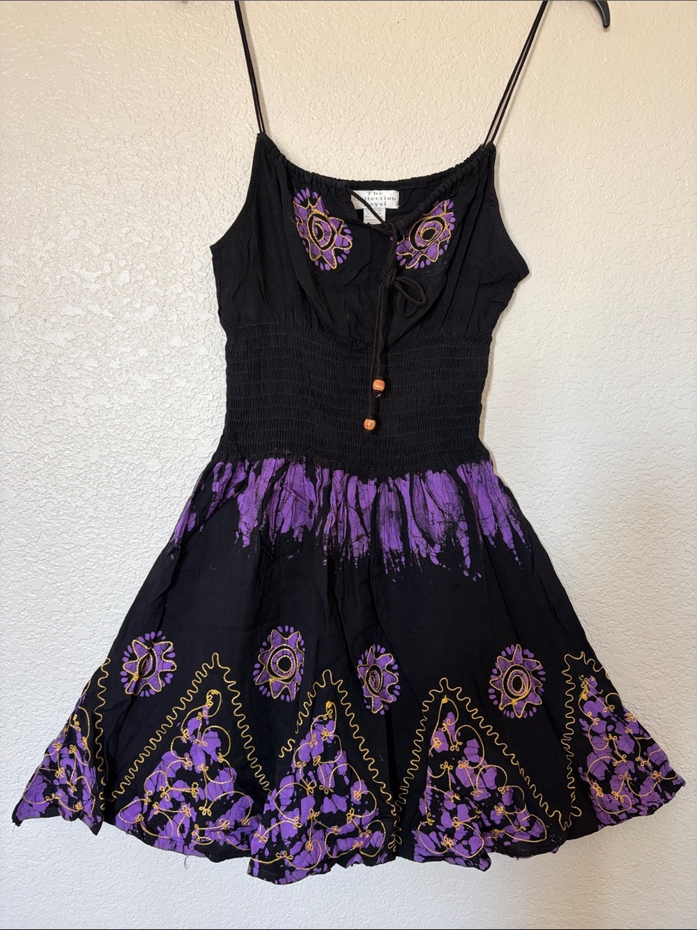 Black and Purple Embroidered Smocked Mini Dress